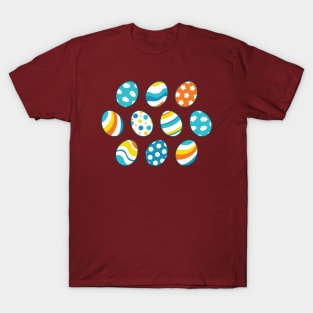 Egg Pattern | Blue Yellow Orange | Stripes Clouds Flowers Dots | Brown T-Shirt